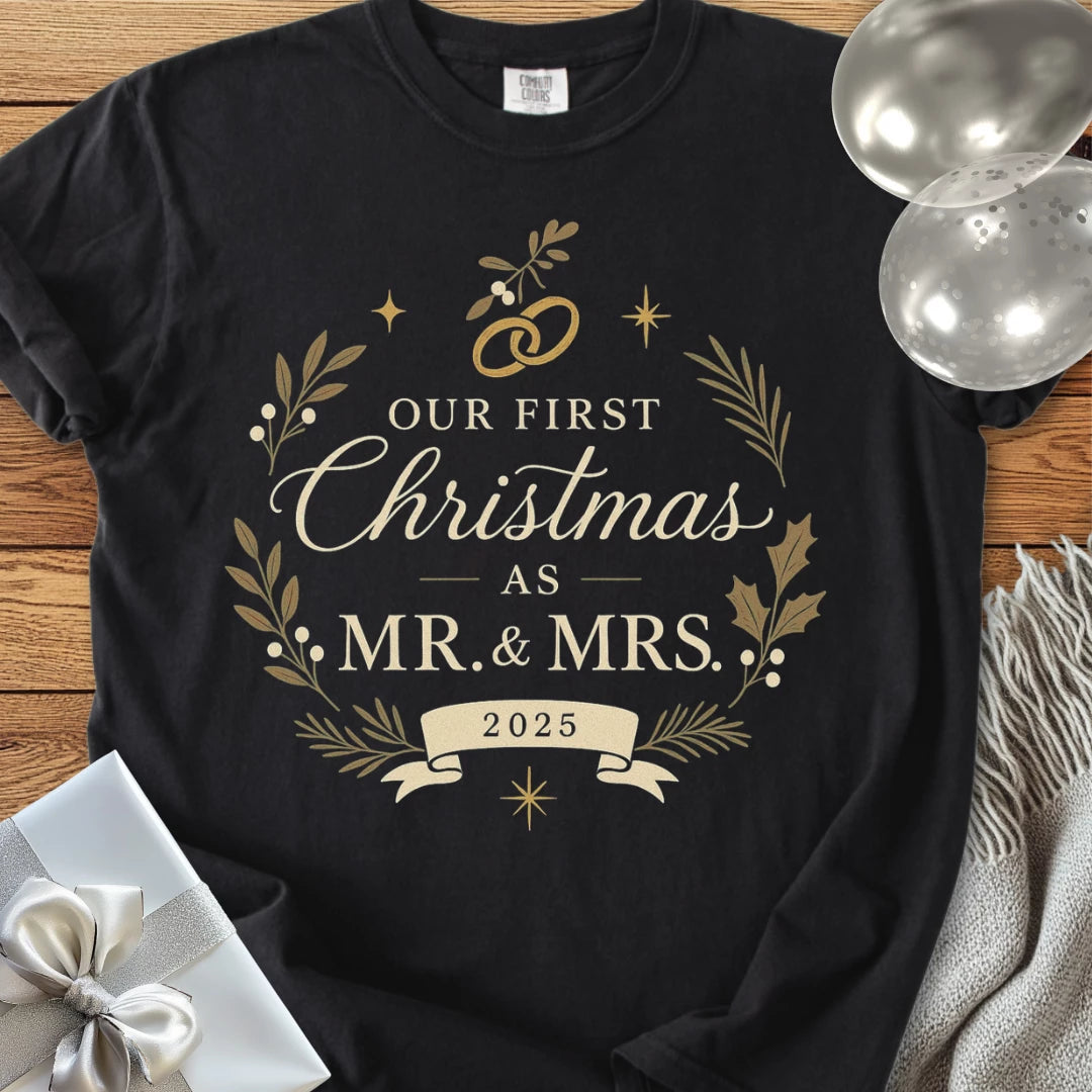 Our First Christmas as Mr & Mrs 2025 - Premium Wedding T-Shirt