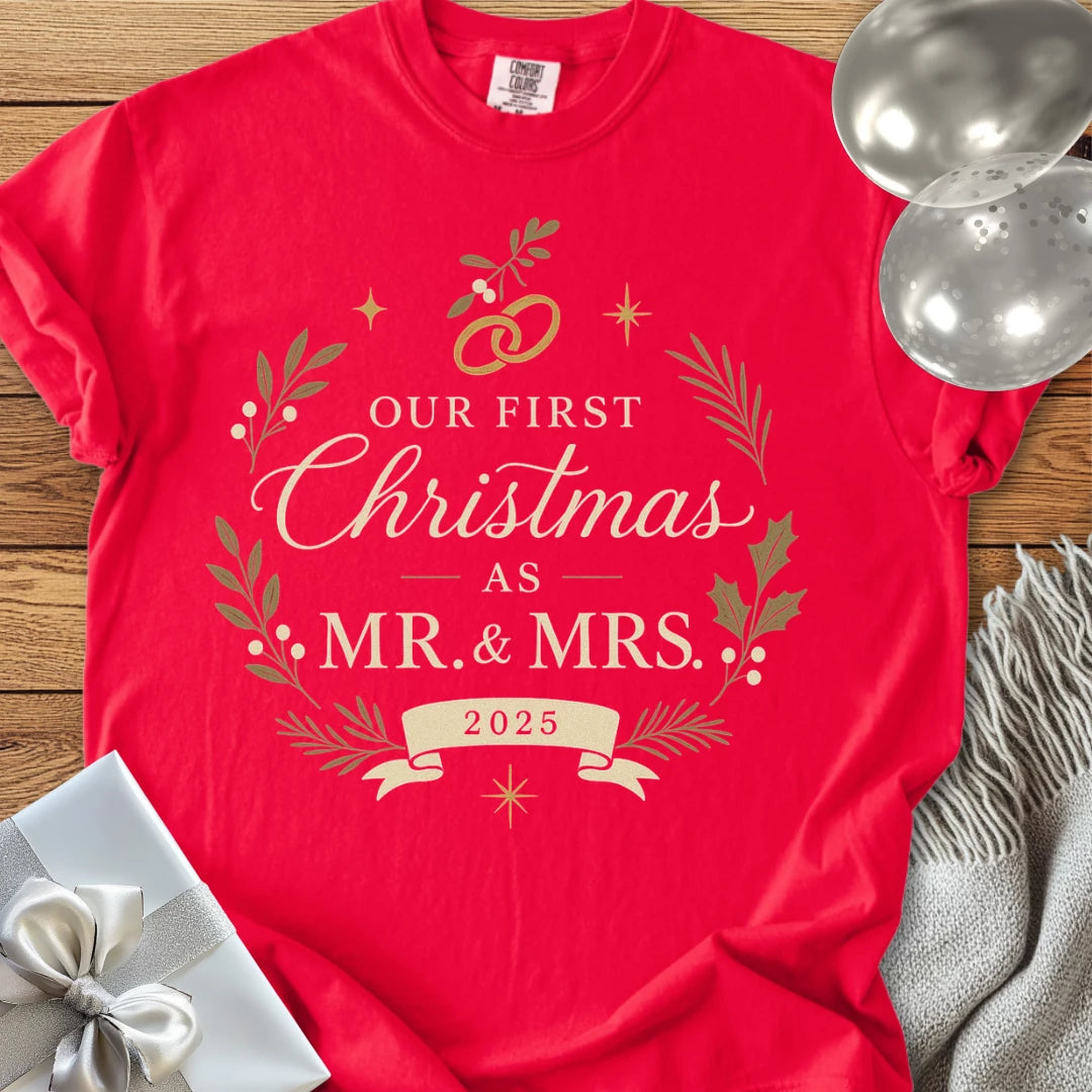 Our First Christmas as Mr & Mrs 2025 - Premium Wedding T-Shirt