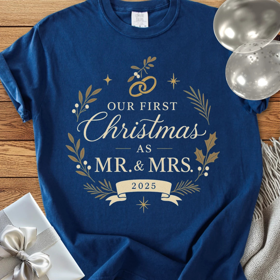 Our First Christmas as Mr & Mrs 2025 - Premium Wedding T-Shirt