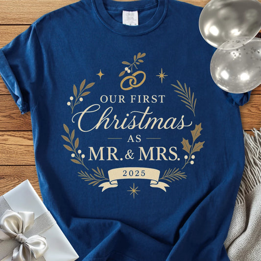 Our First Christmas as Mr & Mrs 2025 - Premium Wedding T-Shirt