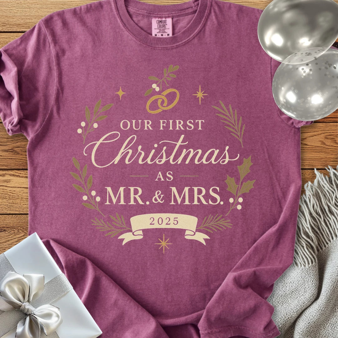 Our First Christmas as Mr & Mrs 2025 - Premium Wedding T-Shirt