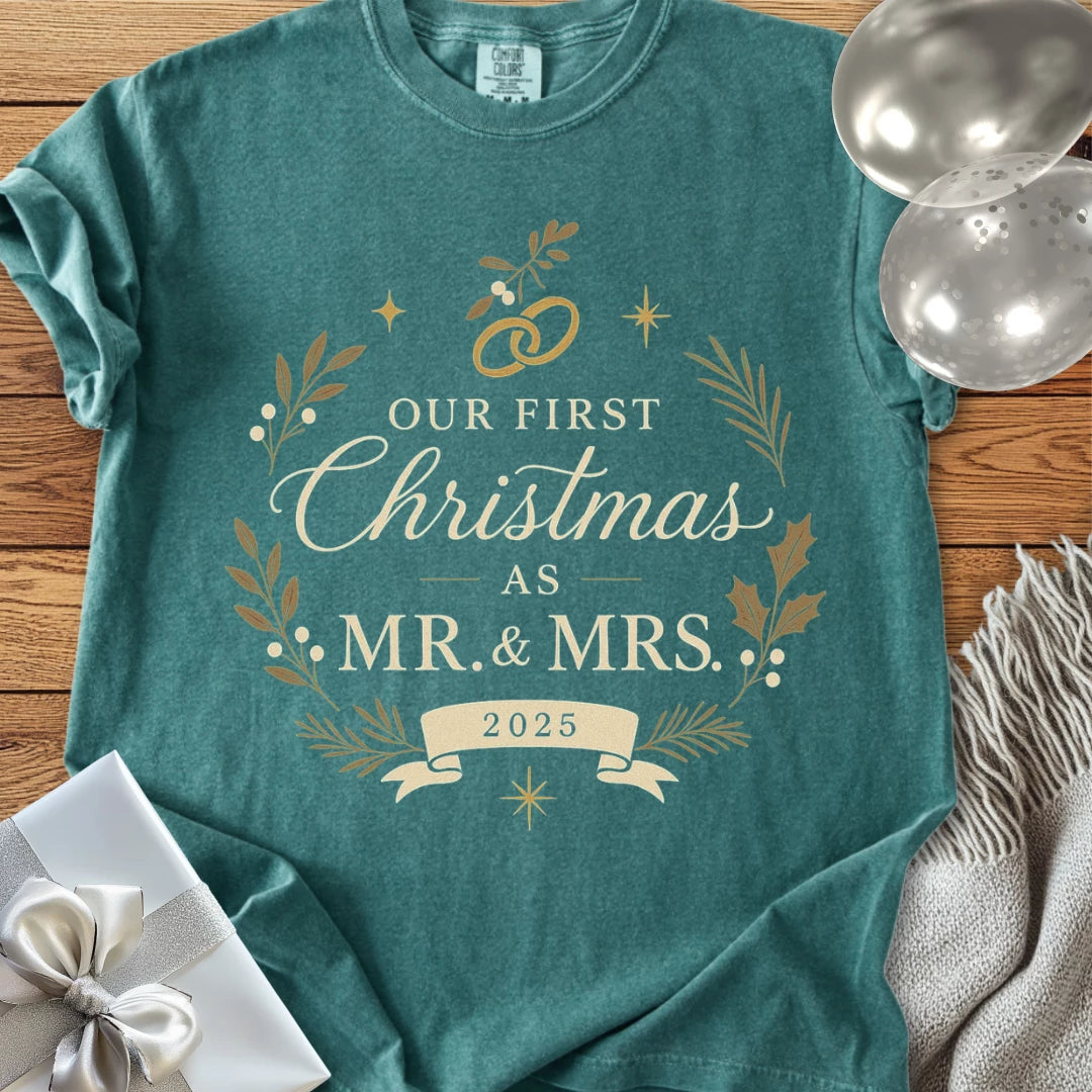 Our First Christmas as Mr & Mrs 2025 - Premium Wedding T-Shirt