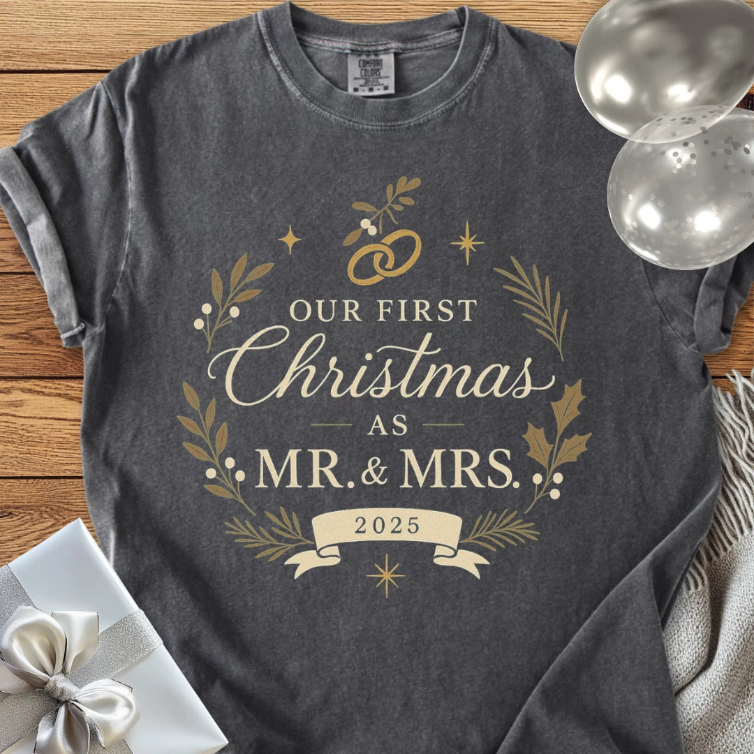 Our First Christmas as Mr & Mrs 2025 - Premium Wedding T-Shirt