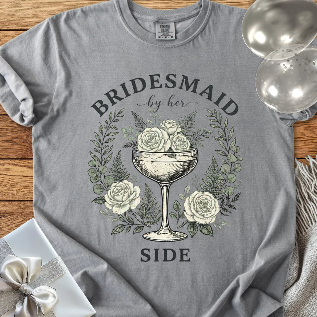 Bridesmaid, By Her Side - Premium Vintage Botanical Wedding T-Shirt