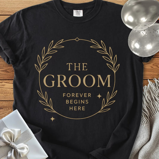 The Groom, Forever Begins Here - Premium Elegance Bridal Party T-Shirt