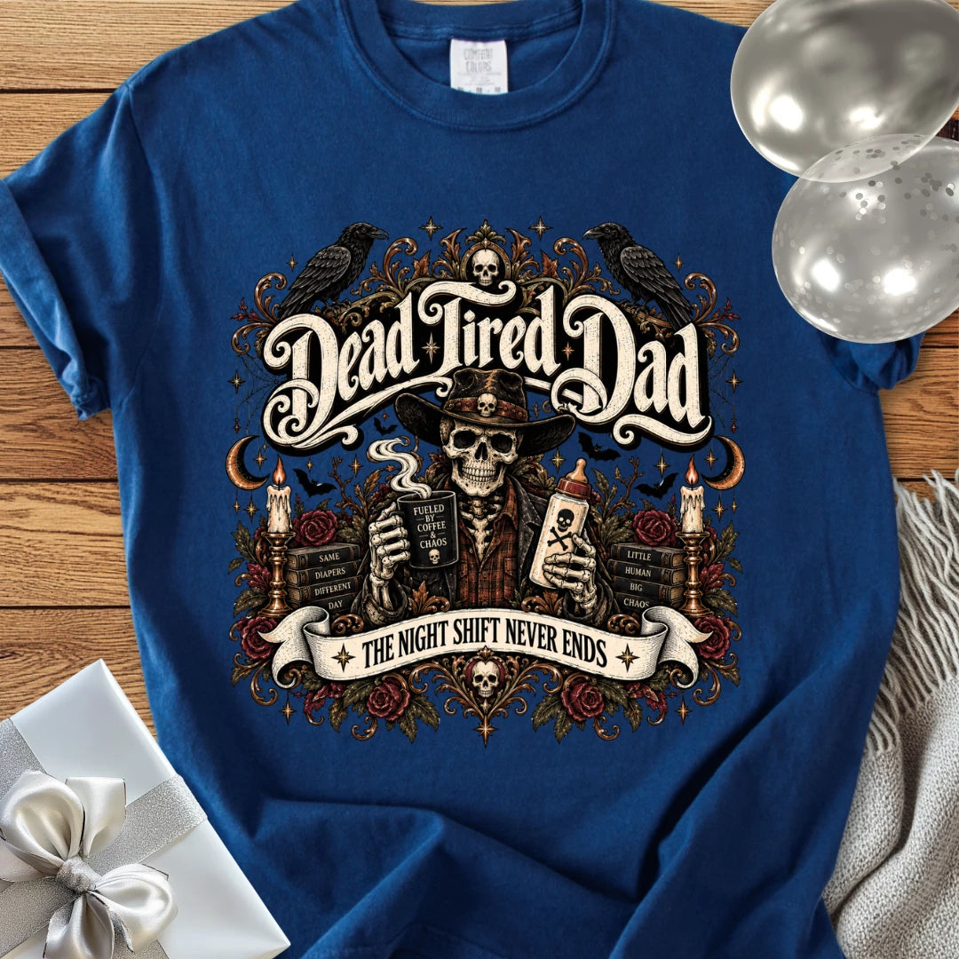 Dead Tired Dad, The Night Shift Never Ends - Premium Halloween Parenting T-Shirt