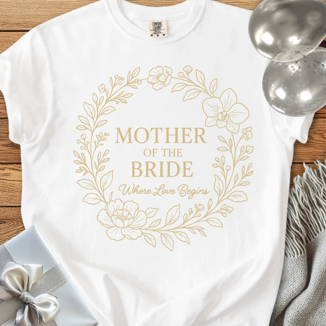 Mother of the Bride, Where Love Begins - Premium Elegance Bridal Party T-Shirt