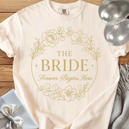 The Bride, Forever Begins Here - Premium Elegance Bridal Party T-Shirt