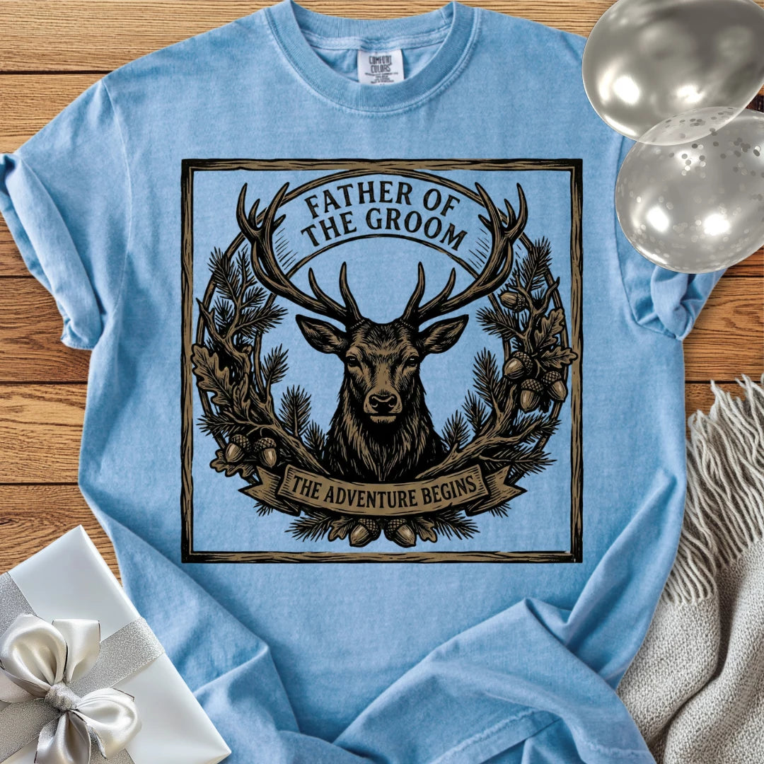 Father of the Groom, The Adventure Begins - Wedding T-Shirt