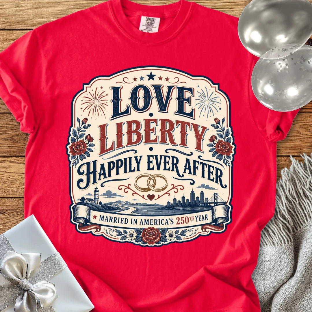 Love & Liberty 'Happily Ever After', Married in America's 250th Year - Premium America 250 Wedding T-Shirt