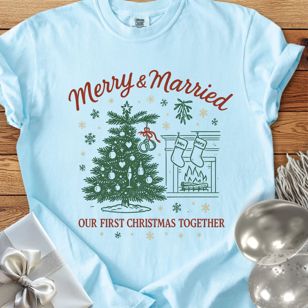 Merry & Married, Our First Christmas Together - Premium Wedding T-Shirt