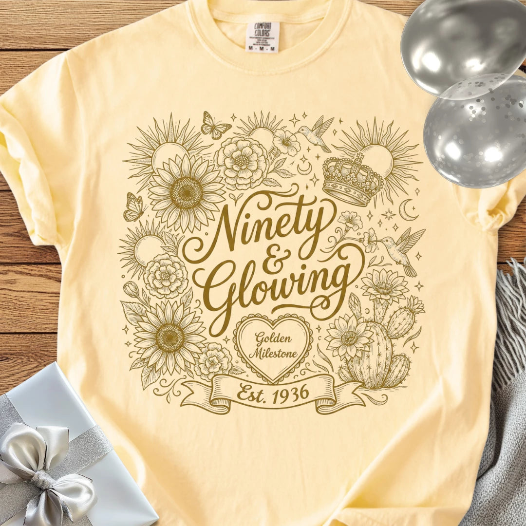 Ninety & Glowing, Est 1936 - Premium 90th Birthday T-Shirt