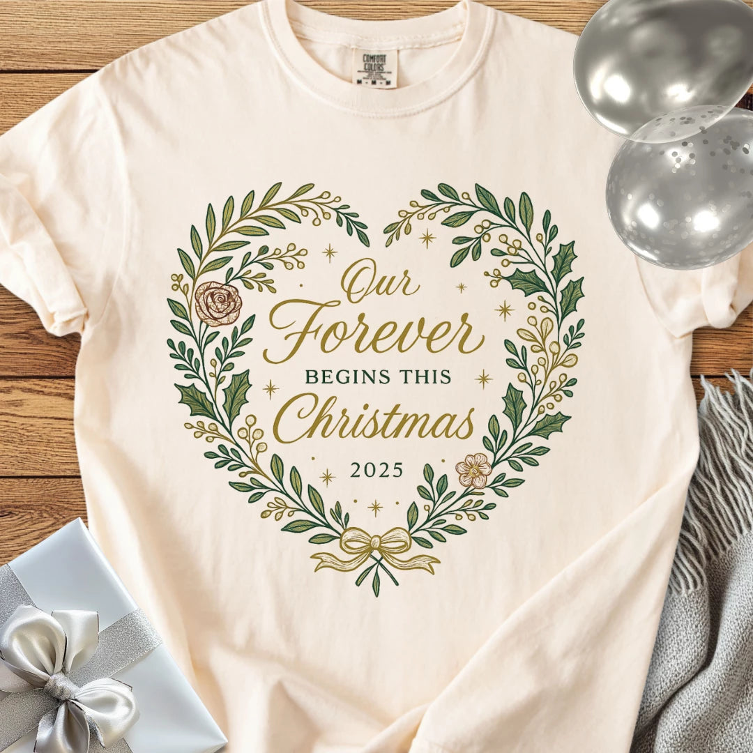 Our Forever Begins This Christmas 2025 - Premium Wedding T-Shirt