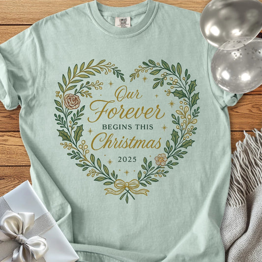 Our Forever Begins This Christmas 2025 - Premium Wedding T-Shirt