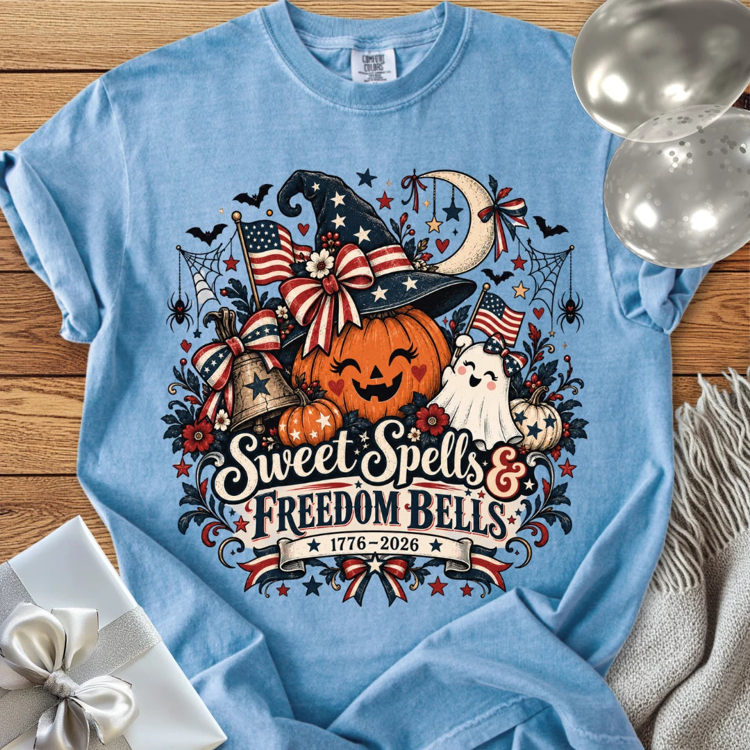 Sweet Spells & Freedom Bells - Premium America 250 Halloween T-Shirt