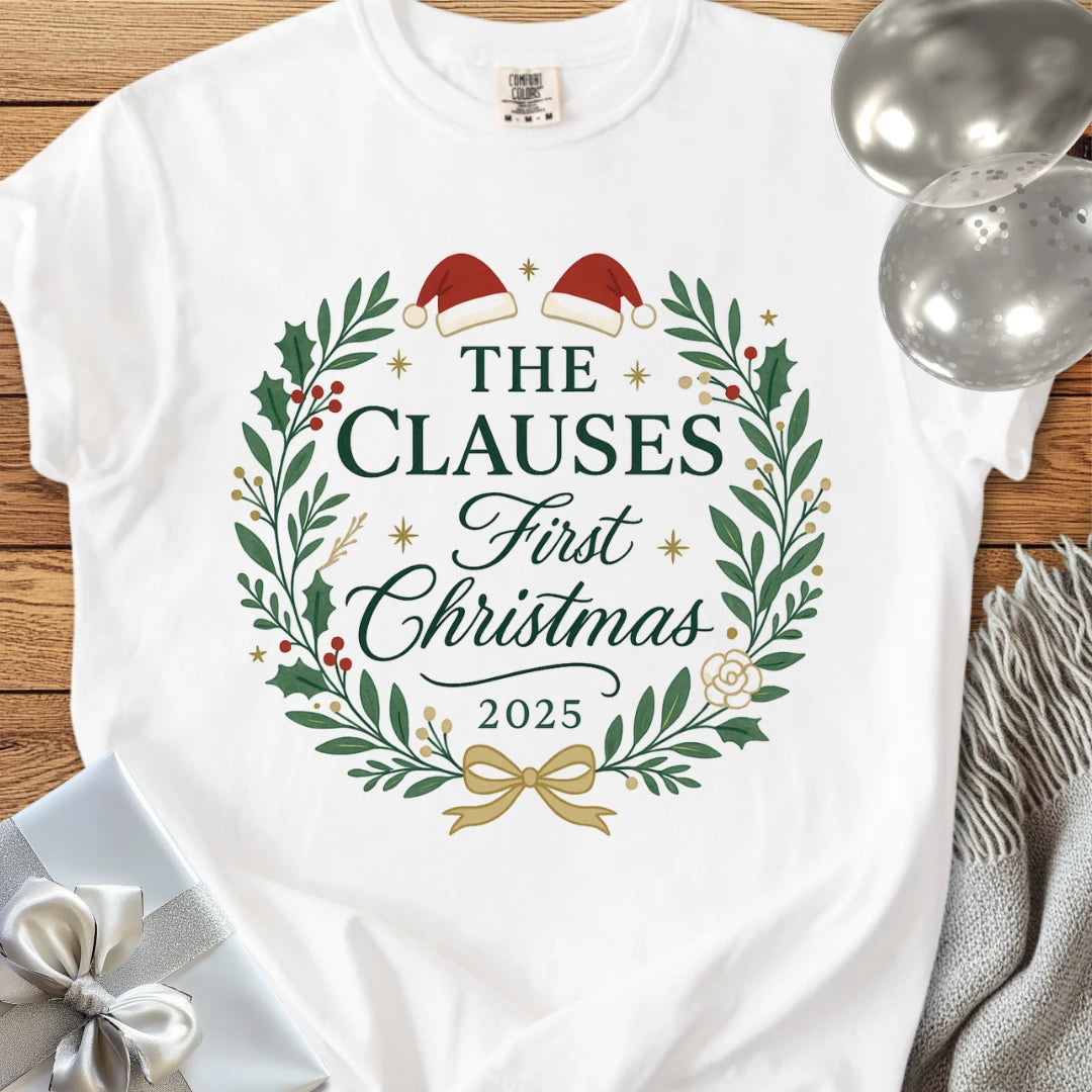 The Clauses First Christmas 2025 - Premium Wedding T-Shirt