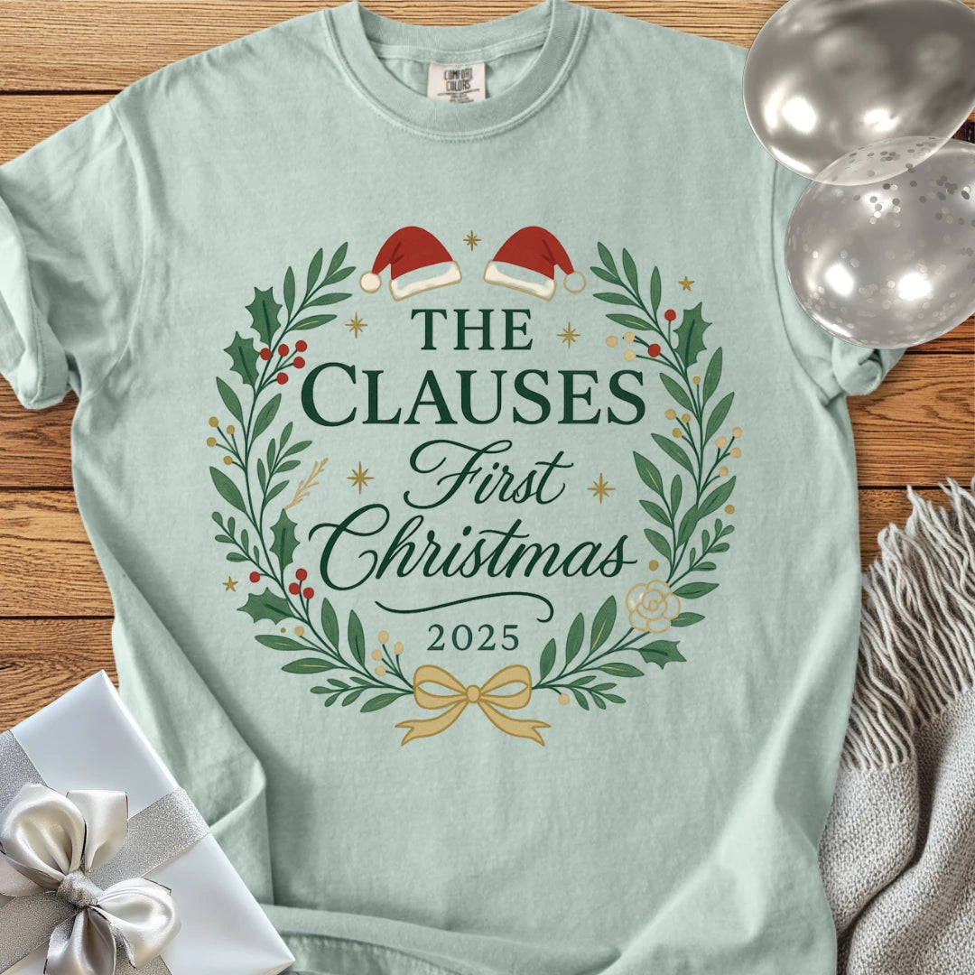 The Clauses First Christmas 2025 - Premium Wedding T-Shirt