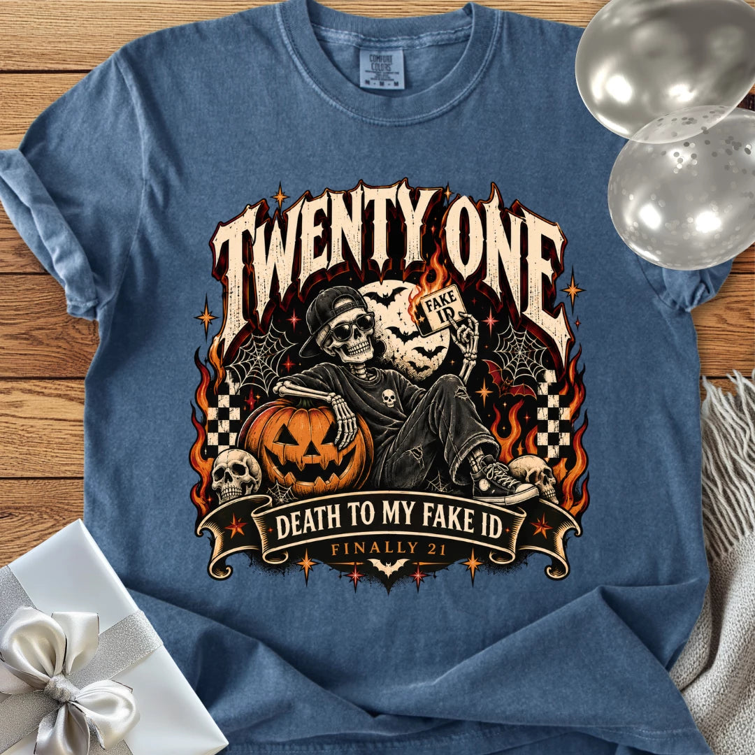 Twenty One: Death to My Fake ID - Premium Halloween 21st Birthday T-Shirt