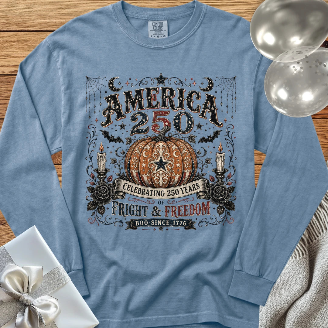America 250, Fright & Freedom - Premium Halloween America 250 Long Sleeve T-Shirt - Blue Jean