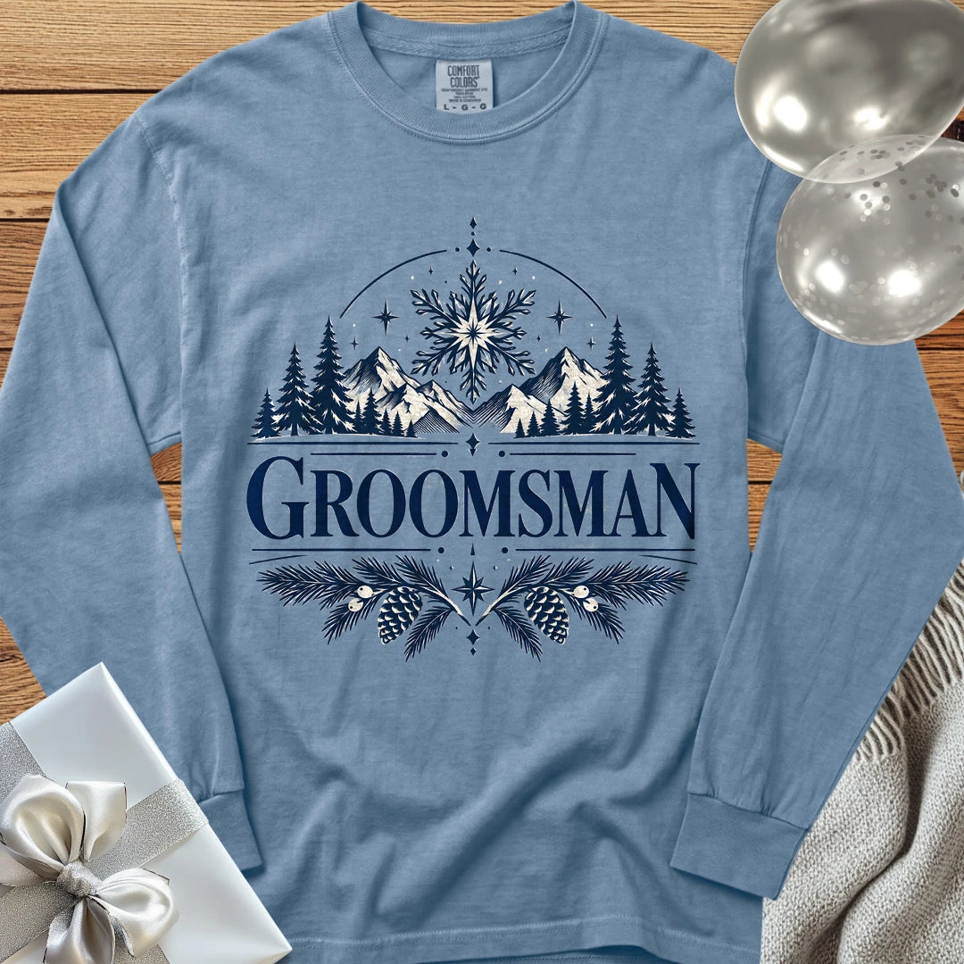 Groomsman - Premium Winter Peaks Wedding Long Sleeve T-Shirt - Blue Jean