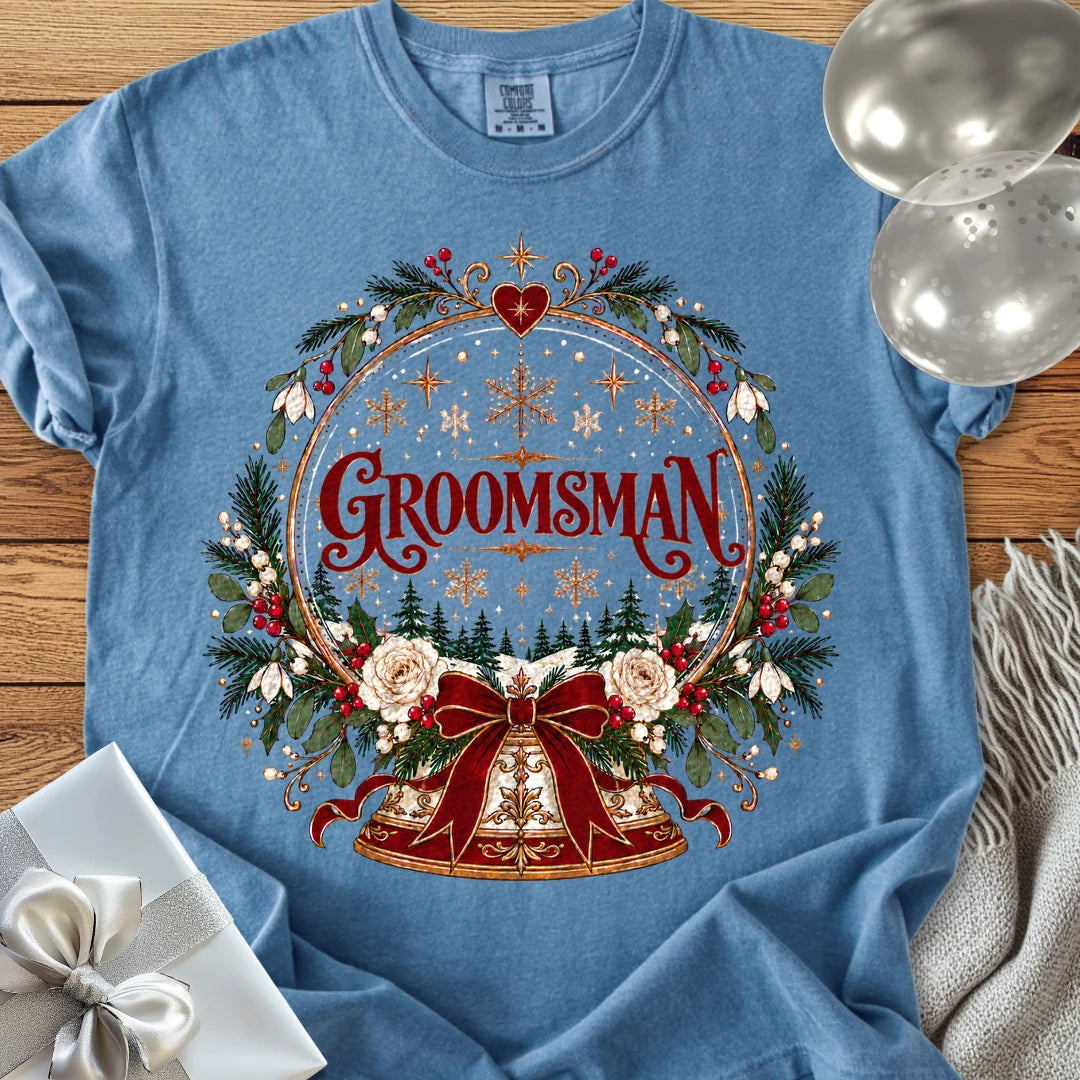 Groomsman - Premium Snowglobe Wedding T-Shirt - Blue Jean