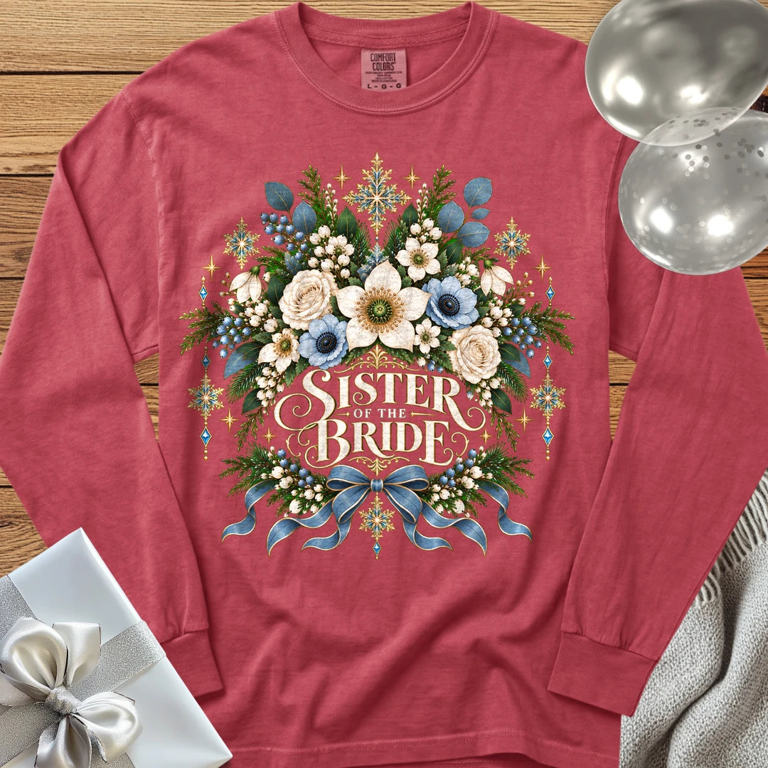 Sister of the Bride - Premium Winter Botanical Wedding Long Sleeve T-Shirt - Crimson