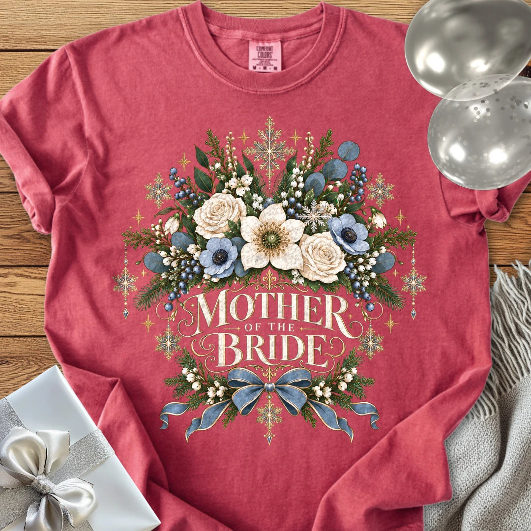 Mother of the Bride - Premium Winter Botanical Wedding T-Shirt - Crimson