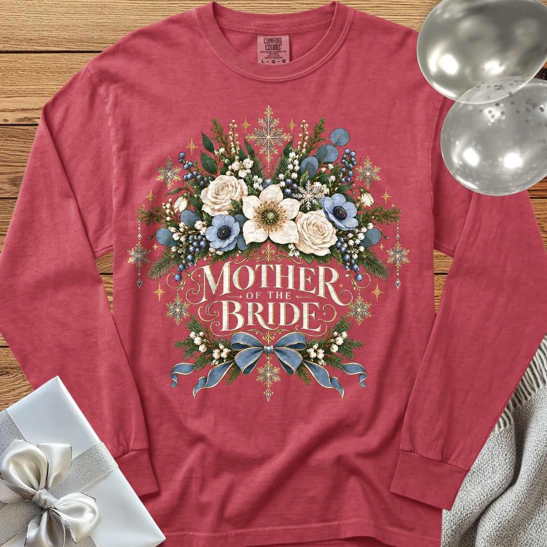 Mother of the Bride - Premium Winter Botanical Wedding Long Sleeve T-Shirt - Crimson