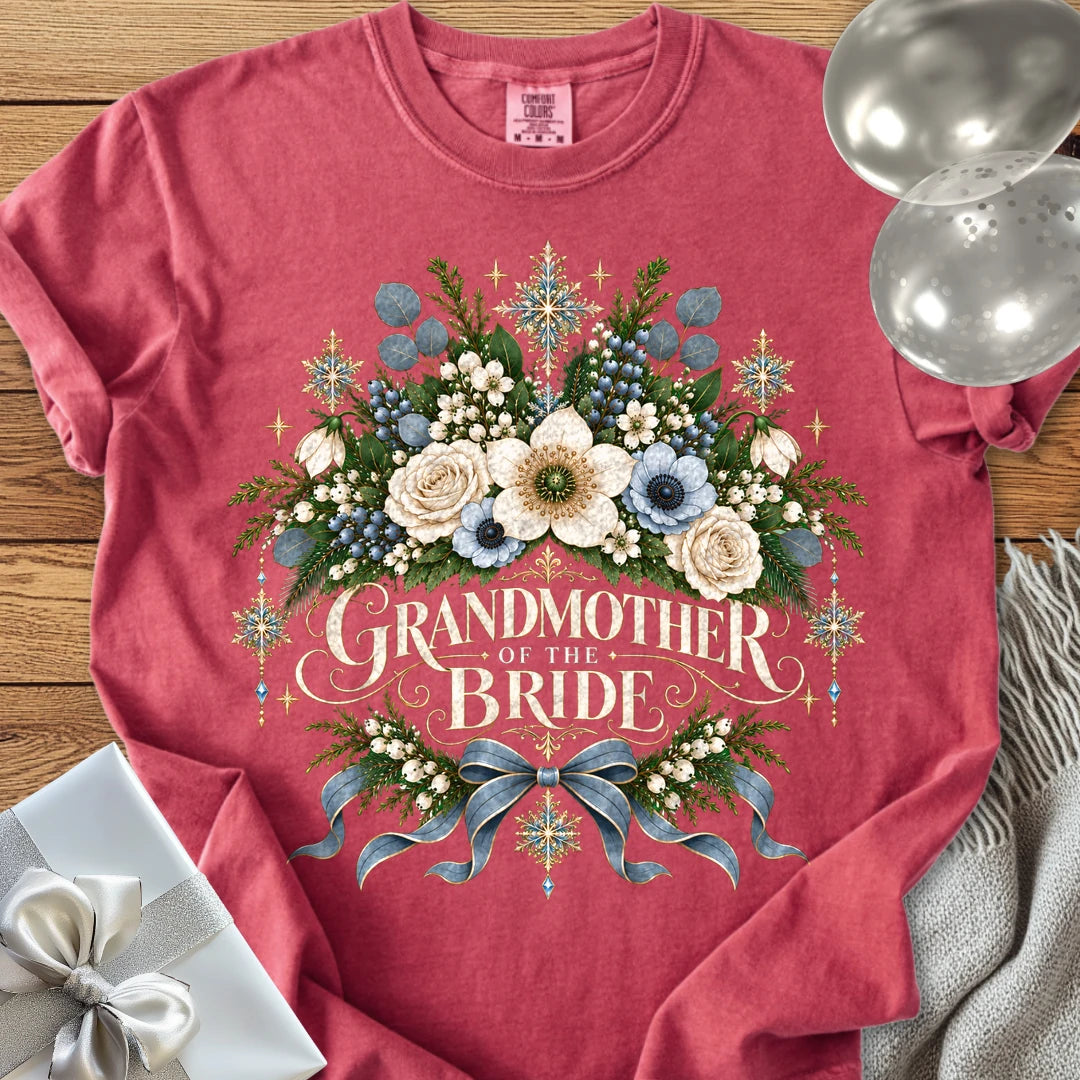 Grandmother of the Bride - Premium Winter Botanical Wedding T-Shirt - Crimson