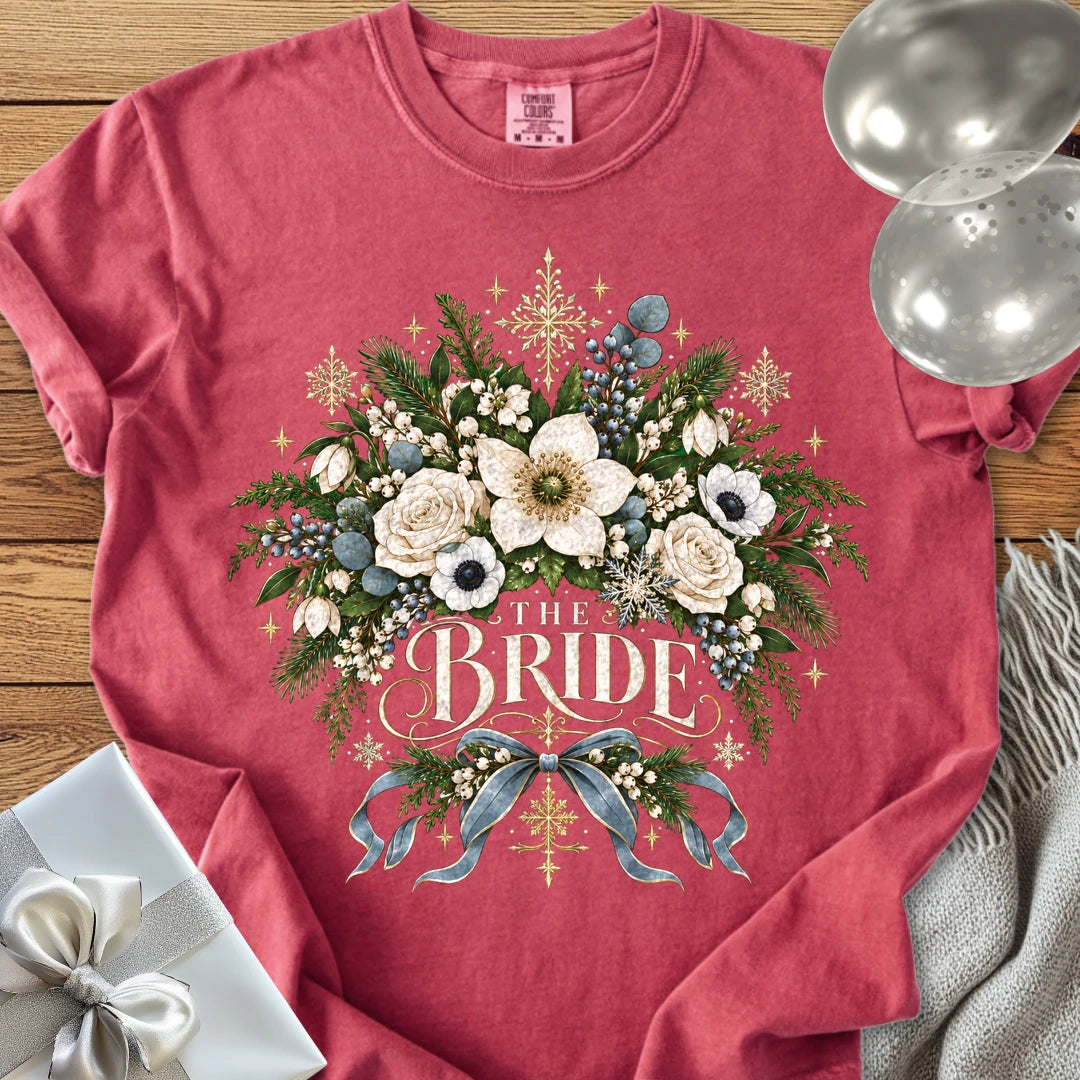 The Bride - Premium Winter Botanical Wedding T-Shirt - Crimson