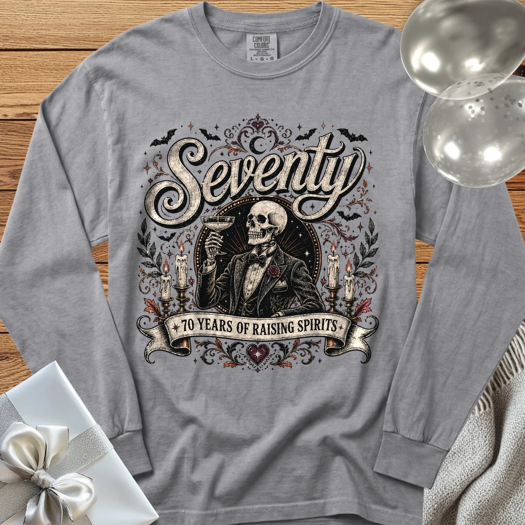 Seventy: 70 Years of Raising Spirits - Premium Halloween 70th Birthday Long Sleeve T-Shirt - Grey