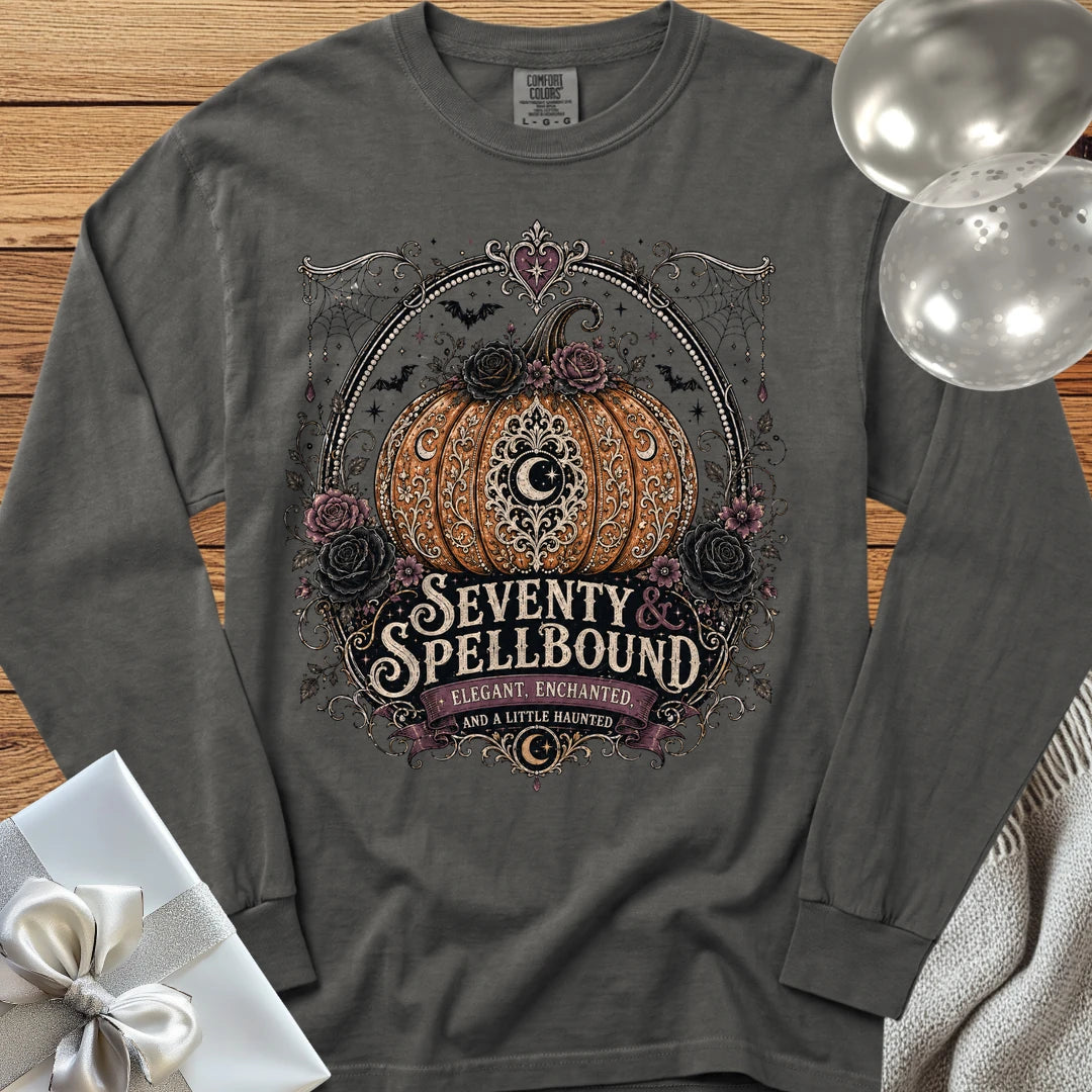 Seventy & Spellbound - Premium Halloween 70th Birthday Long Sleeve T-Shirt - Pepper