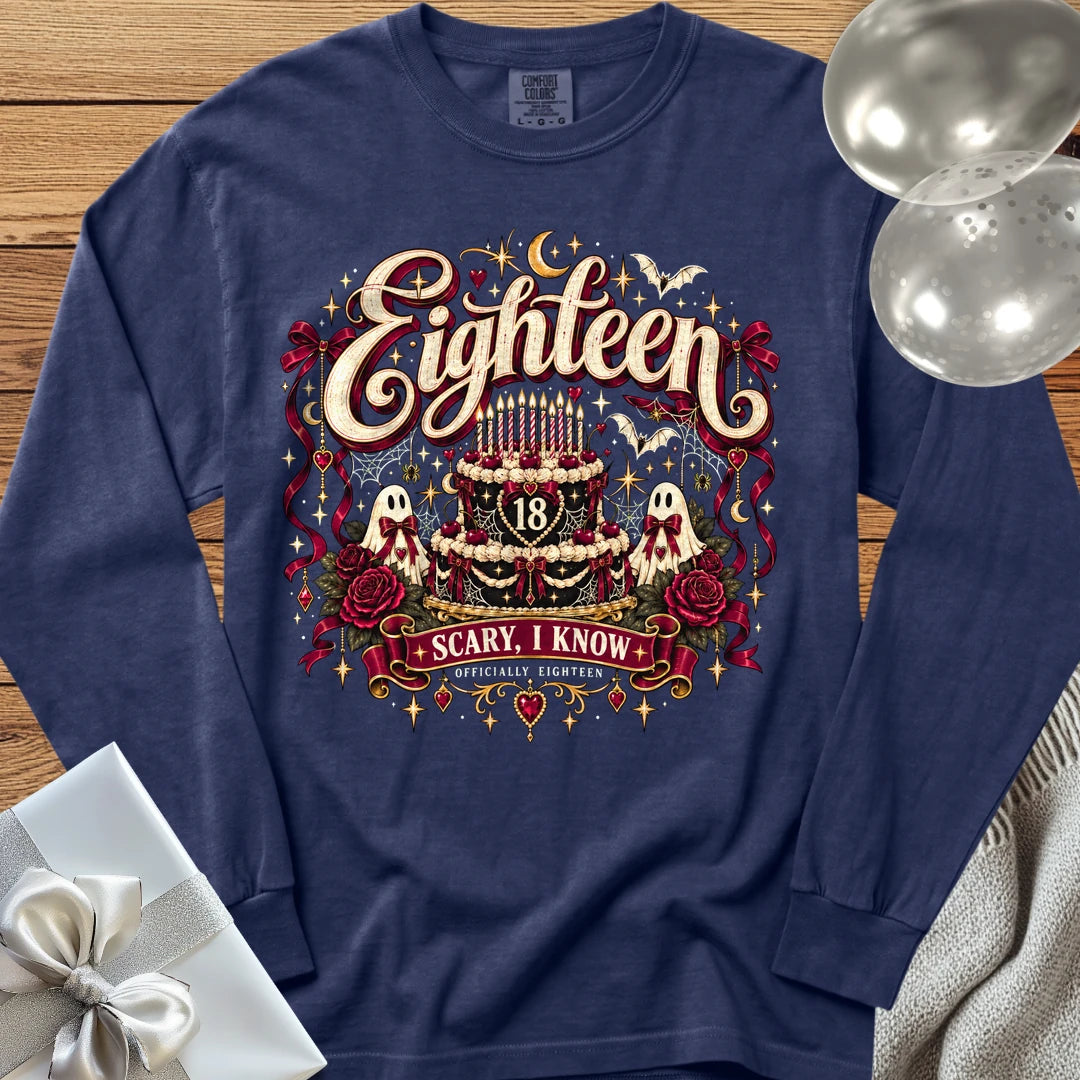 Eighteen - Scary, I Know - Premium Halloween 18th Birthday Long Sleeve T-Shirt - True Navy