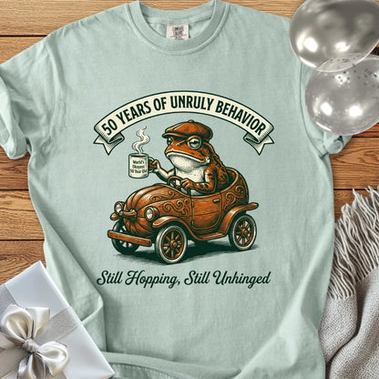 50 Years of Unruly Behavior. Still Hopping. Still Unhinged - Premium 50th Birthday T-Shirt