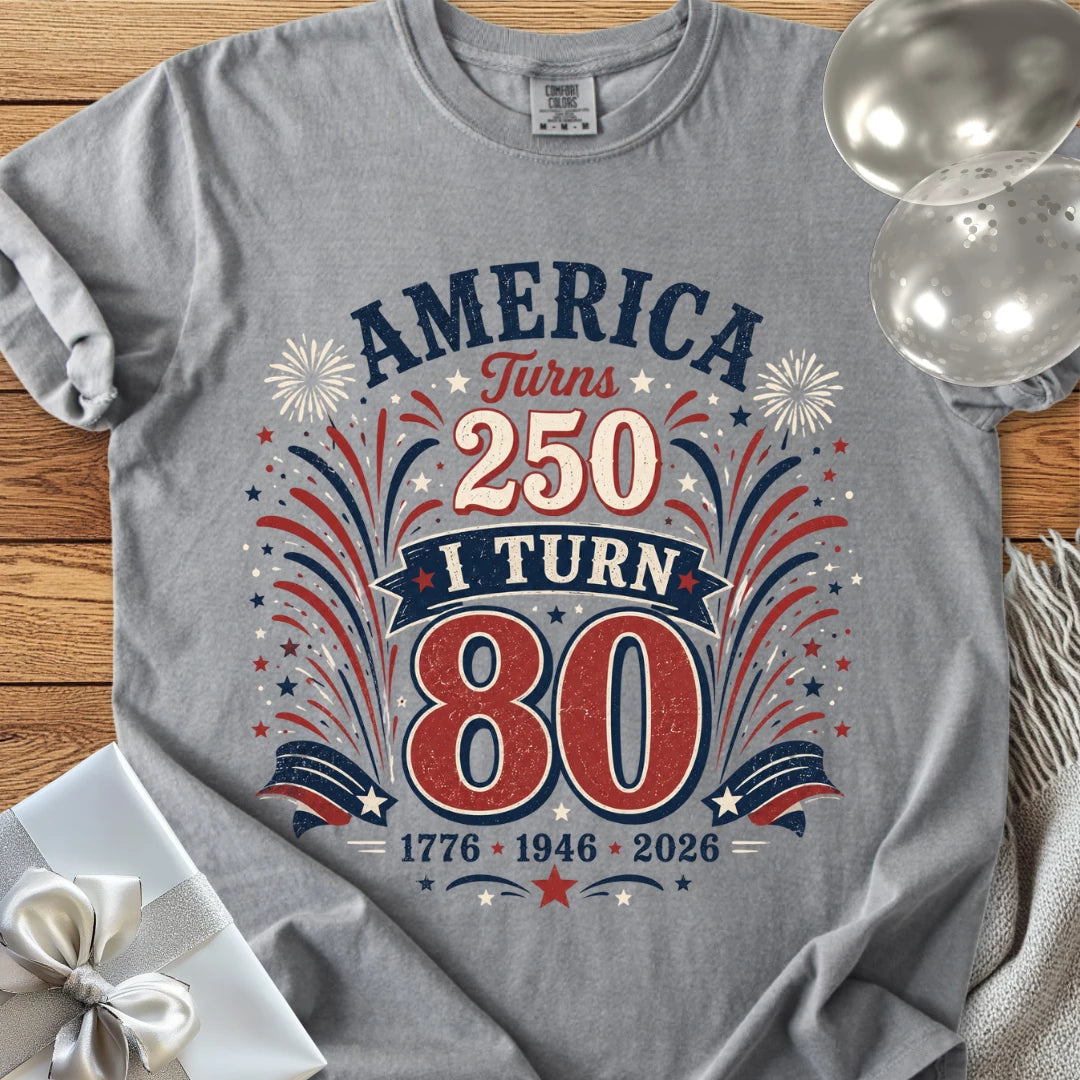 America Turns 250, I Turn 80 - Premium America 250 Birthday T-Shirt
