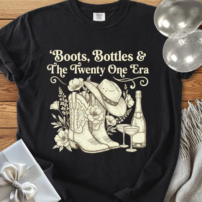 Boots, Bottles & The Twenty One Era - Premium Floral 21st Birthday T-Shirt
