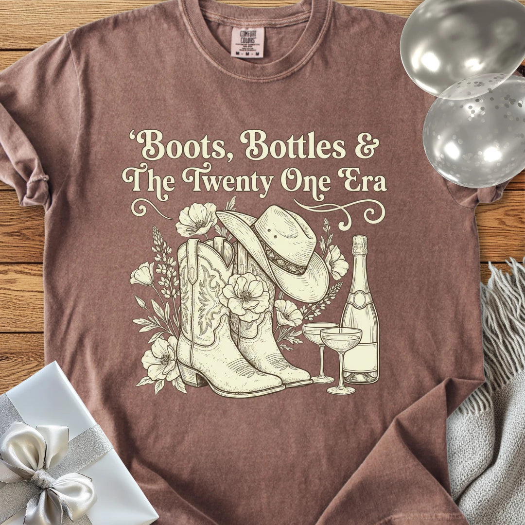 Boots, Bottles & The Twenty One Era - Premium Floral 21st Birthday T-Shirt