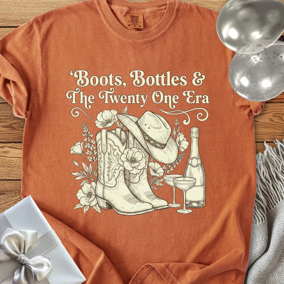 Boots, Bottles & The Twenty One Era - Premium Floral 21st Birthday T-Shirt