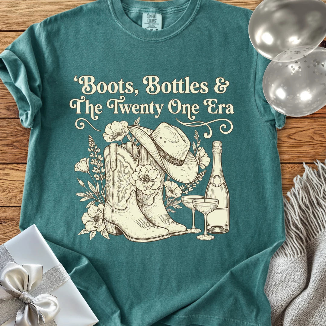 Boots, Bottles & The Twenty One Era - Premium Floral 21st Birthday T-Shirt