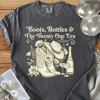 Boots, Bottles & The Twenty One Era - Premium Floral 21st Birthday T-Shirt