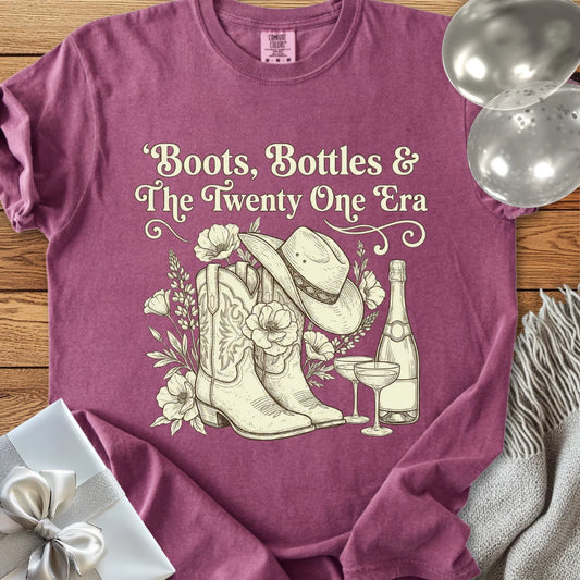 Boots, Bottles & The Twenty One Era - Premium Floral 21st Birthday T-Shirt