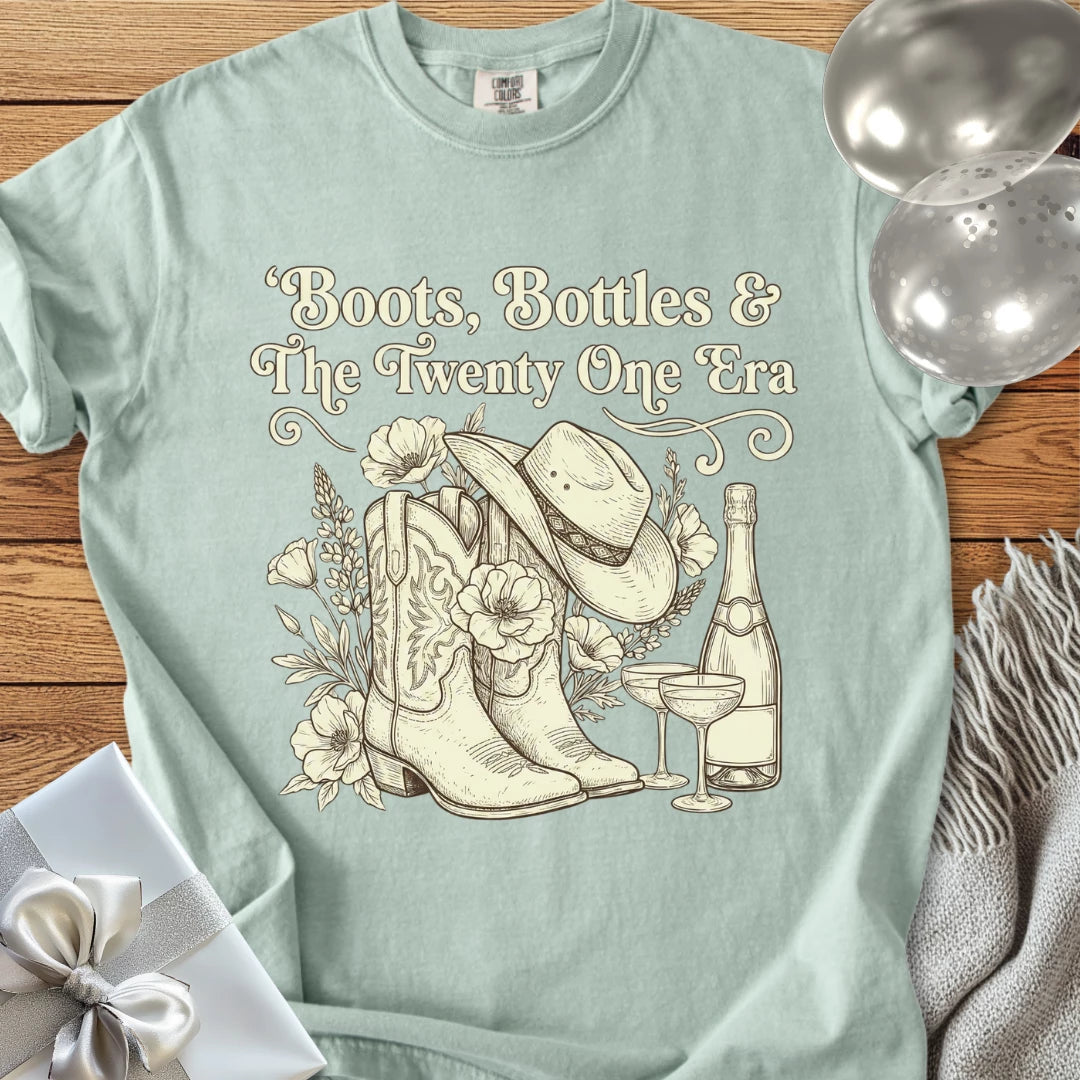 Boots, Bottles & The Twenty One Era - Premium Floral 21st Birthday T-Shirt
