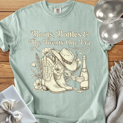 Boots, Bottles & The Twenty One Era - Premium Floral 21st Birthday T-Shirt