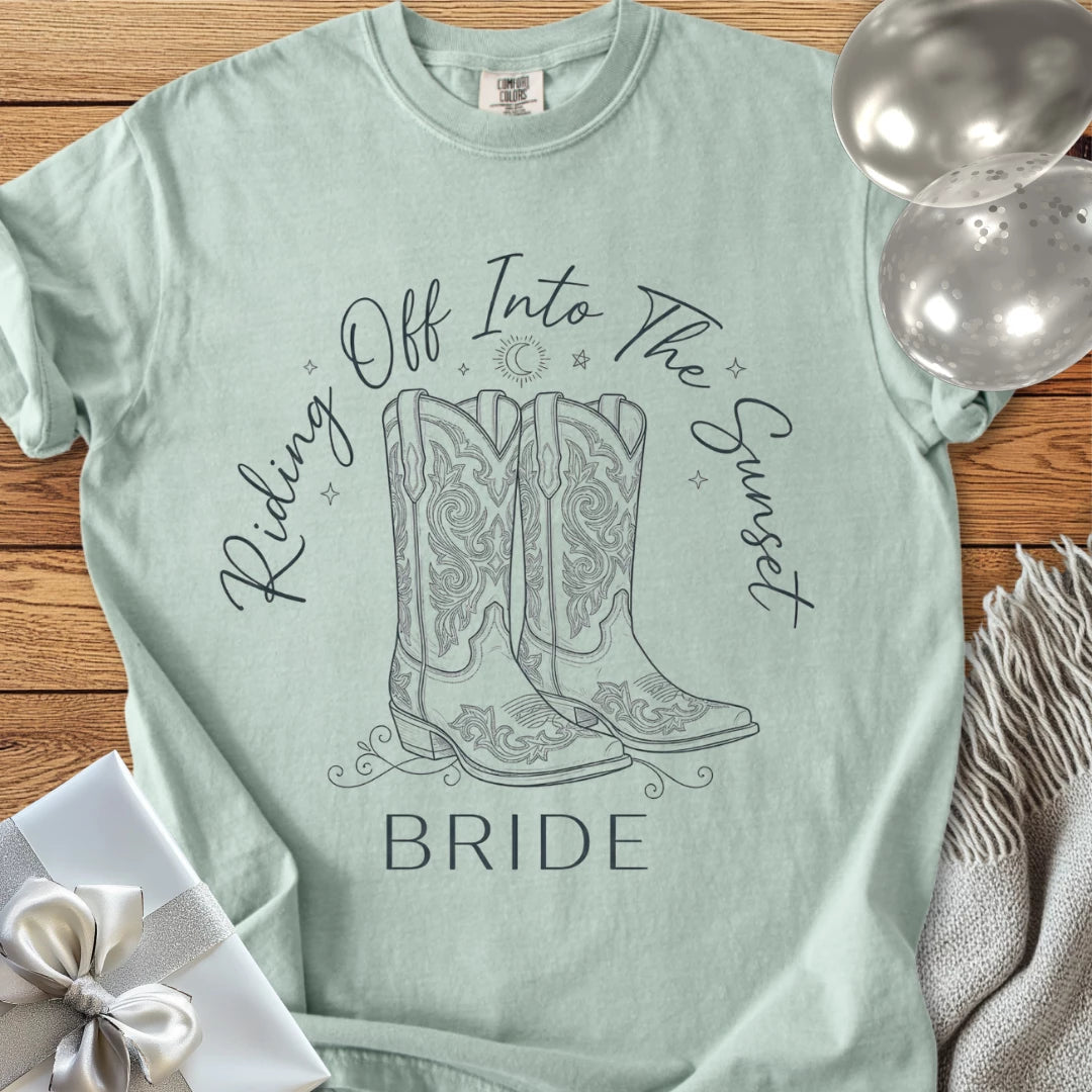 Bride, Riding Off Into the Sunset - Premium Wedding T-Shirt
