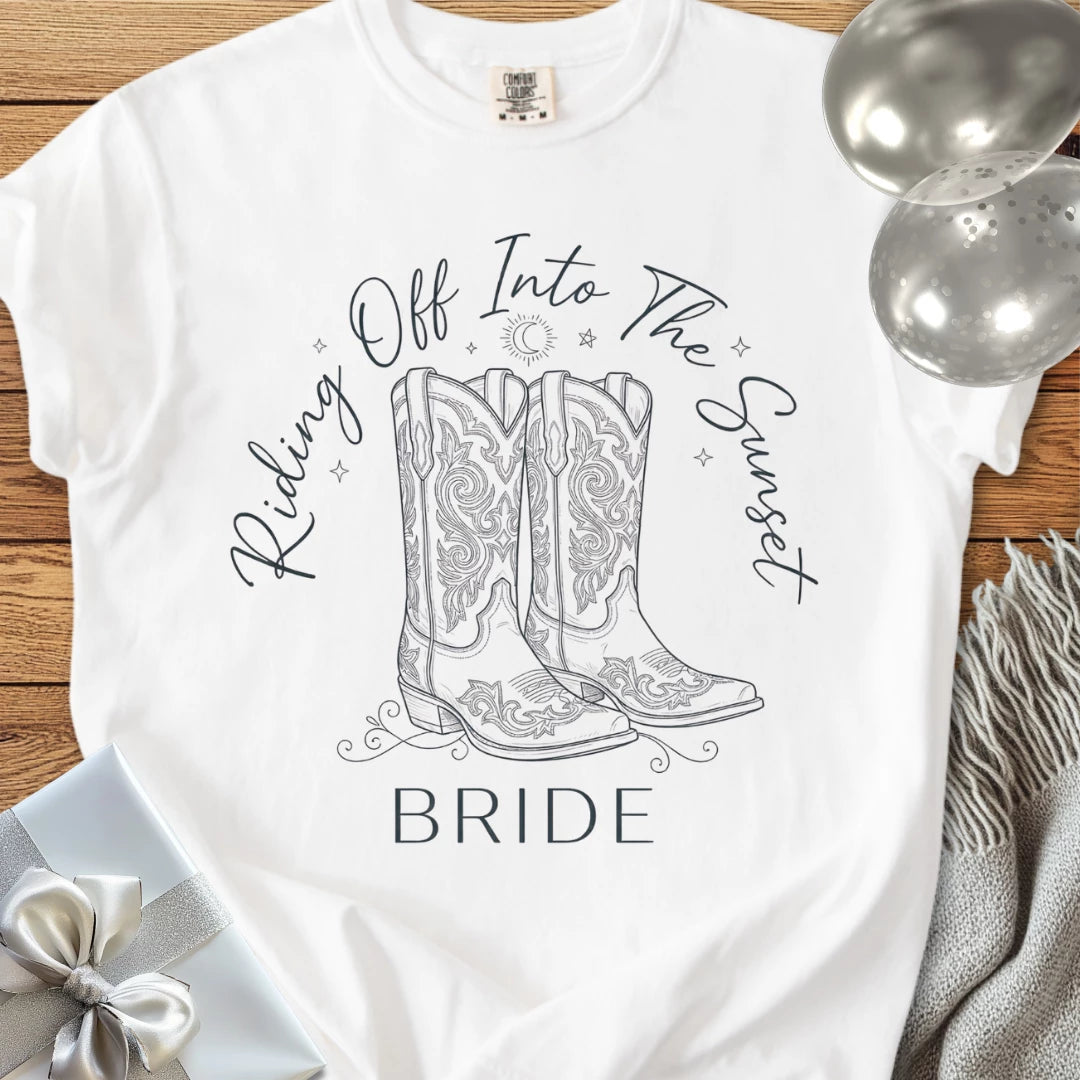 Bride, Riding Off Into the Sunset - Premium Wedding T-Shirt