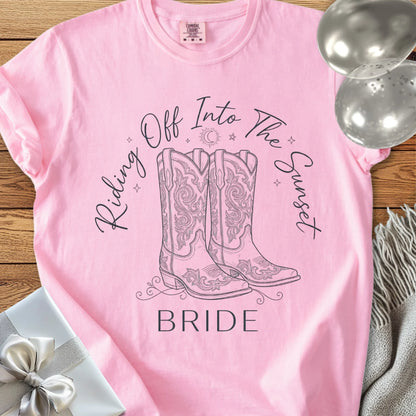 Bride, Riding Off Into the Sunset - Premium Wedding T-Shirt