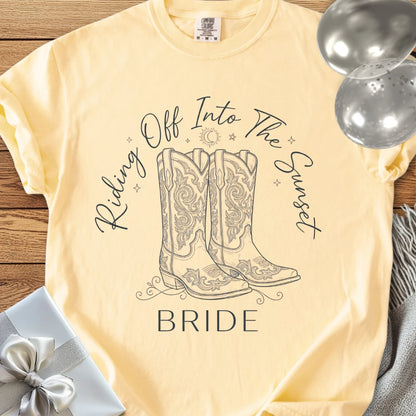 Bride, Riding Off Into the Sunset - Premium Wedding T-Shirt