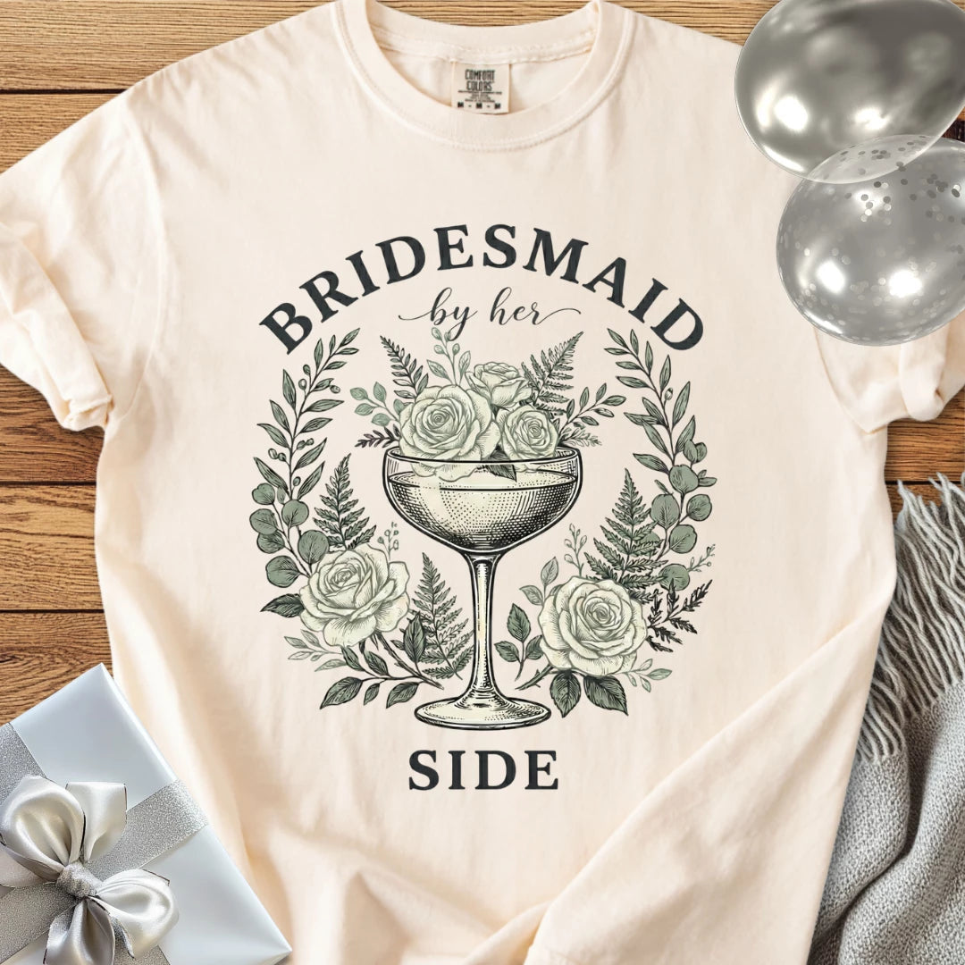 Bridesmaid, By Her Side - Premium Vintage Botanical Wedding T-Shirt