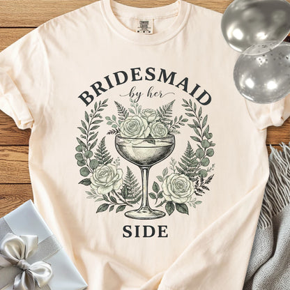 Bridesmaid, By Her Side - Premium Vintage Botanical Wedding T-Shirt