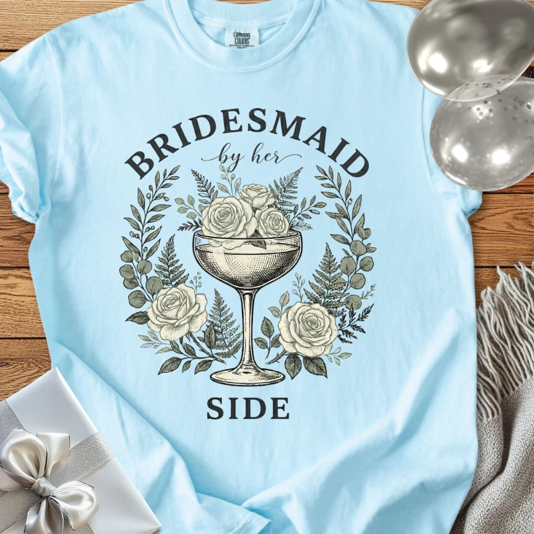 Bridesmaid, By Her Side - Premium Vintage Botanical Wedding T-Shirt